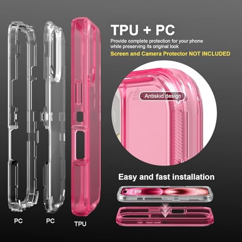 Follaroma for iPhone 16 Plus Case, Shockproof, Crystal Pink | Heavy Duty Shockproof Protection Phone Cases, Anti-Drop, Dual Layer Transparent Rugged Protective Cover, 6.7 inch - color: Pink, size: iPhone 16 Plus 6.7‘’