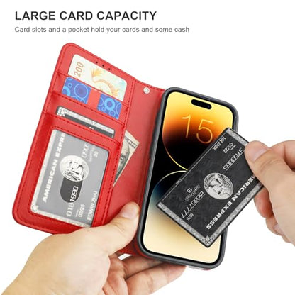 Bocasal Detachable Wallet Case Card Holder for iPhone 15 Pro, Red | RFID Blocking Kickstand Card Slots Holder PU Leather Magnetic Shockproof Wrist Strap Removable Flip Protective Cover 6.1 inch - color: Red