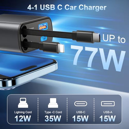 Retractable Car Charger USB C Fast Charging, 4 in 1 Car Adapter - color: 2-Pack