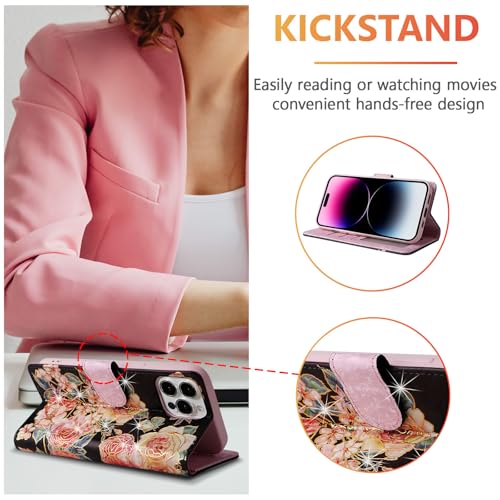 UEEBAI Wallet Case for iPhone 15 Pro, PU Leather Phone Cover Kickstand RFID Blocking Flip Case Card Slots Wrist Strap Relief Engraved Pattern Magnetic Closure Flower Folio Wallet, Black Rose - color: Black Rose, size: iPhone 15 Pro