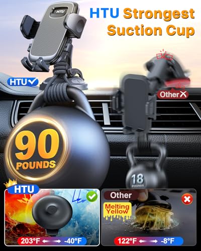 HTU [2026 Latest Upgrade Military-Grade Anti-Shake Car Phone Holder, 90+LBS Strong Suction Car Phone Mount, 360° Rotatable Mount for Dashboard Windshield Vent, for iPhone 17/16 Pro Max, Deep Gray - color: Deep Gray