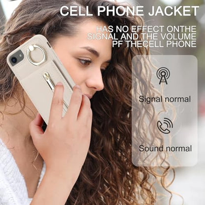 Crossbody Wallet Case for iPhone 7/8/SE 2020/SE 2022, with Card Slots Zipper Pocket Case, Flip Folio Purse RFID Blocking with Ring Kickstand Detachable Strap-Beige - color: Beige, size: iPhone 7/8/SE 2020/SE 2022 (4.7")