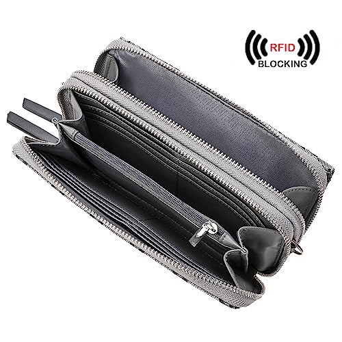 RFID Crossbody Wallet Wristlet Purse with Phone Pocket For Women Vegan Leather - color: Grey Jacquard
