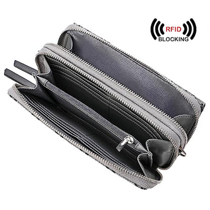 RFID Crossbody Wallet Wristlet Purse with Phone Pocket For Women Vegan Leather - color: Grey Jacquard