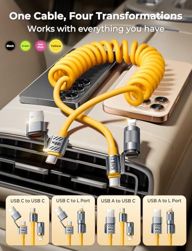 100W 4 in 1 Coiled Lightning Cable, 5FT USB A to USB C Cable for Car - color: Yellow, size: 100W, style: Coiled Cable