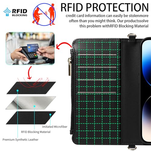 for iPhone 16 2-in-1 Magnetic Crossbody Wallet Case + Wrist Strap | Wireless Charging After Wallet Removal, Detachable Crossbody/Wrist Straps, Landscape Stand, Card Holder and Zipper Pocket - color: Black, size: iPhone 16