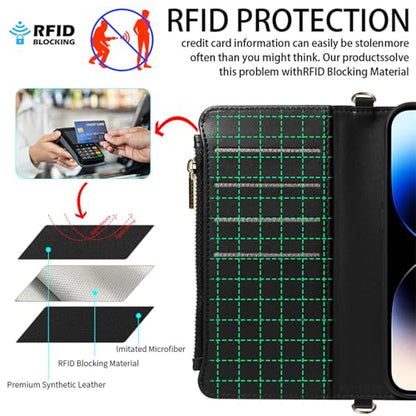 for iPhone 16 2-in-1 Magnetic Crossbody Wallet Case + Wrist Strap | Wireless Charging After Wallet Removal, Detachable Crossbody/Wrist Straps, Landscape Stand, Card Holder and Zipper Pocket - color: Black, size: iPhone 16