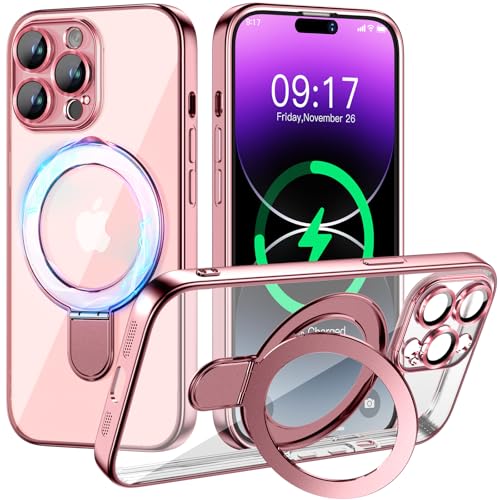 Magnetic for iPhone 14 Pro Case with Invisible Stand[Compatible with MagSafe][Full Camera Lens Protector][Military Drop Protection] Shockproof Not Yellowing Clear Slim Soft for Women Men - color: Pink, size: iPhone 14 Pro