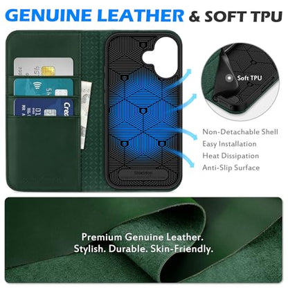 SHIELDON Genuine Leather Wallet Case for iPhone 17 6.3" 2025, Evergreen | RFID Blocking, Credit Card Holder, Magnetic Closure, Kickstand, Folio Design, Full Protection, Shockproof Phone Cover - color: Evergreen