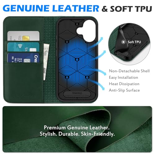 SHIELDON Genuine Leather Wallet Case for iPhone 17 6.3" 2025, Evergreen | RFID Blocking, Credit Card Holder, Magnetic Closure, Kickstand, Folio Design, Full Protection, Shockproof Phone Cover - color: Evergreen