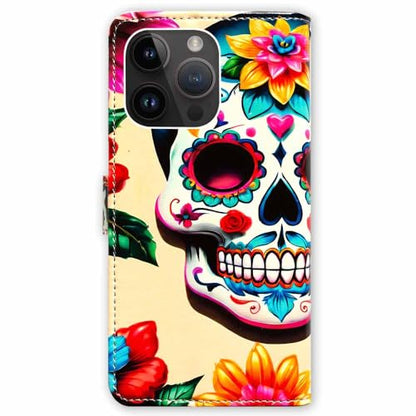 RFID Safe Case for iPhone 15 Pro Max,RFID Blocking,Flowers White Sugar Skull Leather Flip Phone Case Wallet Cover with Card Slot Holder Kickstand for iPhone 15 Pro Max - color: Flowers White Sugar Skull