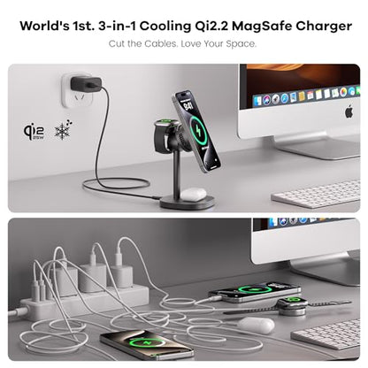 3-in-1 Wireless Charging Station, Qi2.2 25W Fast Charge with Cooling Fan (On/Off), for iPhone 17–12/Apple Watch/AirPods, Includes 45W Adapter – Great for Desk & Live Streaming