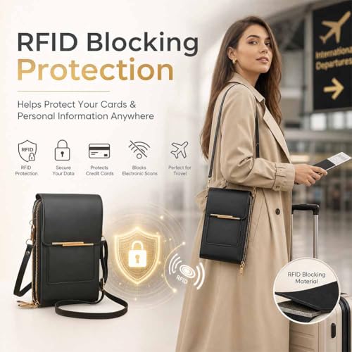Anti-theft leather bag, Women's Touch Screen Mobile Phone Messenger bag, RFID Block Mobile Phone Purse - color: Blue Gray
