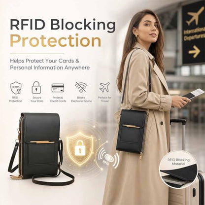 Anti-theft leather bag, Women's Touch Screen Mobile Phone Messenger bag, RFID Block Mobile Phone Purse - color: Blue Gray