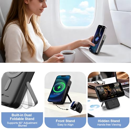 JUOVI Magnetic Power Bank 22.5W 10,000mAh Wireless Portable Charger | Battery Pack with LED Display Adjustable Dual-Foldable Stand Magsafe-Compatible for iPhone 16/15 Series Samsung AirPods - color: Blue