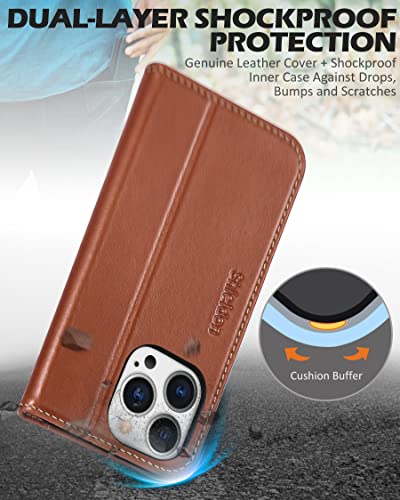 SHIELDON Genuine Leather Wallet Case for iPhone 13 Pro 2021, Retro Brown | RFID Blocking, Credit Card Holder, Magnetic Closure, Kickstand, Folio Design, Shockproof Phone Cover - color: Brown - Retro