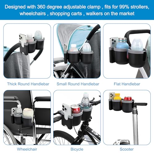 Accmor Stroller Cup Holder with Phone Holder, Bike Cup Holder, Universal Cup Holder for Uppababy Nuna Strollers, 2-in-1 Drinks Holder for Walker, Wheelchair, Scooter - color: Double Holder-Grey