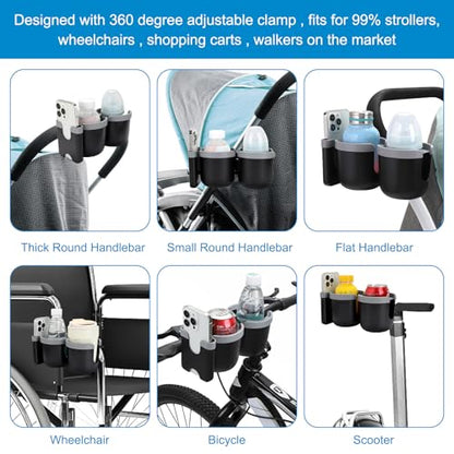 Accmor Stroller Cup Holder with Phone Holder, Bike Cup Holder, Universal Cup Holder for Uppababy Nuna Strollers, 2-in-1 Drinks Holder for Walker, Wheelchair, Scooter - color: Double Holder-Grey
