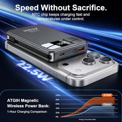 10000mAh Magnetic Wireless Power Bank, 5-in-1 Portable Charger with 2 Built-in Cables, 22.5W PD Fast Charging Magnetic Battery Pack for iPhone 17/16/15/14/13/12 and All Series，Black - color: Black