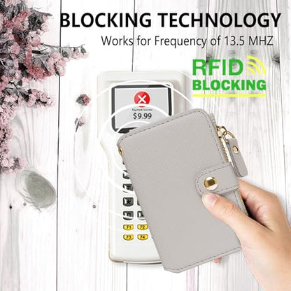 M-Plateau RFID Blocking Keychain Wallet With Leather Wrist Strap | Keychain Wristlet, Womens Card Holder with Zipper Coin Pocket and ID Window - color: Beige