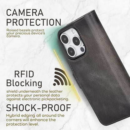 Bayelon Leather Wallet Case for iPhone 15 Pro Max - Flip Cover Card Holder, Folio Case, Kickstand, MagSafe Compatible Wallet RFID Blocking (Smoked Black) - color: Smoked Black, size: iPhone 15 Pro Max