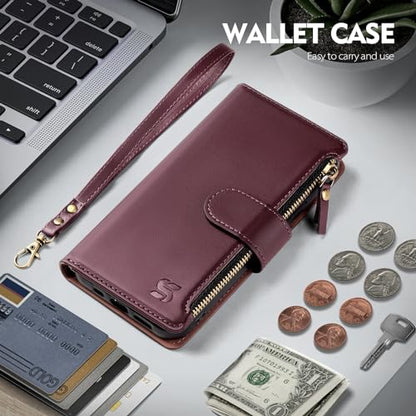 Shieldtop Compatible with Samsung Galaxy A37 5G Wallet Case with Card Holder,PU Leather Phone Case Flip Protective Cover Wrist Strap Zipper Credit Card Slots RFID Blocking Women Men,Wine Red - color: Wine Red