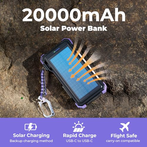 BLAVOR Solar Power Bank 20000mAh, Wireless Charger for Phones & Apple Watch - color: Purple