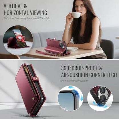 Defencase for iPhone 14 Plus Case Wallet Compatible with Magsafe, Wine Red | Drop-Proof Magnetic Detachable Phone Cases Cover, with RFID Bolcking Card Holder, Zipper Strap, PU Leather, Removable Wallet - color: (Detachable with Magsafe)-Wine Red