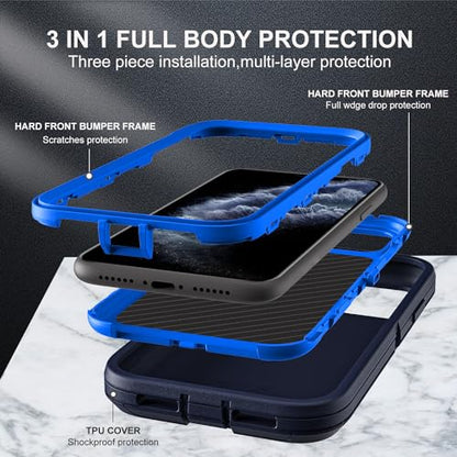 YKHJKLEC for iPhone 11 Pro Case, Military Grade 3 in 1 Heavy Duty Shockproof/Drop Proof/Dust Proof Case with 2Pcs Tempered Glass Screen Protector (Navy Blue) - color: Navy Blue