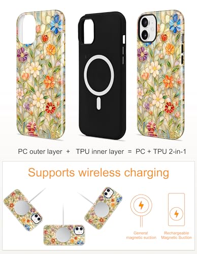 Magnetic Flower Phone Case for iPhone 15 Pro, Vibrant Flowers | Compatible with MagSafe, Cute Stained Glass Floral Aesthetic, TPU and PC Shockproof Protective Phone Cover for Women Girls - color: Staind Glass Vibrant Flowers