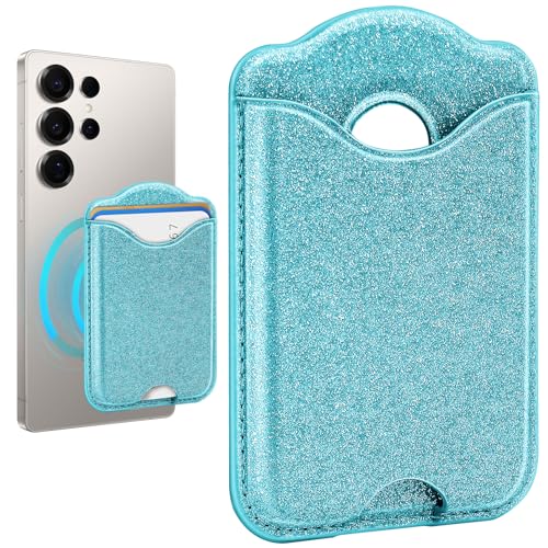 Fjcdslwx Compatible with Magsafe Wallet Magnetic Card Holder -Glitter Seablue Phone Wallet for Galaxy S25 Series,iPhone 17/16/15/14/13 Series for Women Teen Girls for Apple Mag RFID Magnet,Fit 3 Cards - color: Sea blue