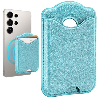 Fjcdslwx Compatible with Magsafe Wallet Magnetic Card Holder -Glitter Seablue Phone Wallet for Galaxy S25 Series,iPhone 17/16/15/14/13 Series for Women Teen Girls for Apple Mag RFID Magnet,Fit 3 Cards - color: Sea blue