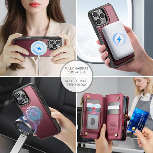 Defencase for iPhone 16 Pro Max Case Wallet Compatible with Magsafe, W-Red | Drop-Proof Magnetic Detachable Phone Cases Cover, with RFID Bolcking Card Holder, Zipper Strap, PU Leather, Removable Wallet - color: (Detachable with Magsafe)-Wine Red
