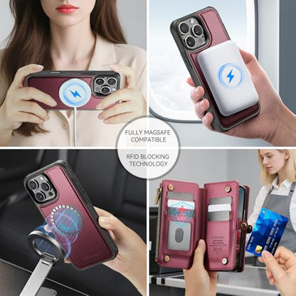 Defencase for iPhone 16 Pro Max Case Wallet Compatible with Magsafe, W-Red | Drop-Proof Magnetic Detachable Phone Cases Cover, with RFID Bolcking Card Holder, Zipper Strap, PU Leather, Removable Wallet - color: (Detachable with Magsafe)-Wine Red