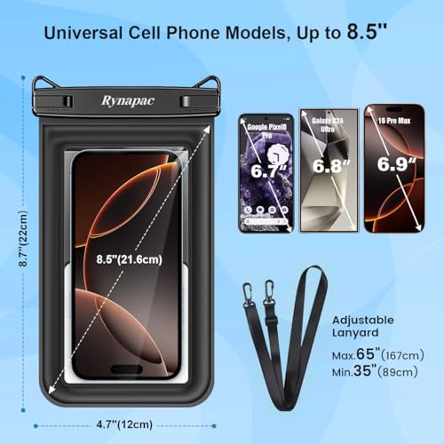 Rynapac Waterproof Phone Pouch Floating [Up to 8.5''], 2 Pack IPX8 Dry Bag | Touchscreen & Underwater Photography, Adjustable Lanyard, for iPhone 17 16 15 14 Pro Max, Gglaxy S25, Beach Cruise Essentials - color: Black + Black, size: Regular Size [8.5inch]