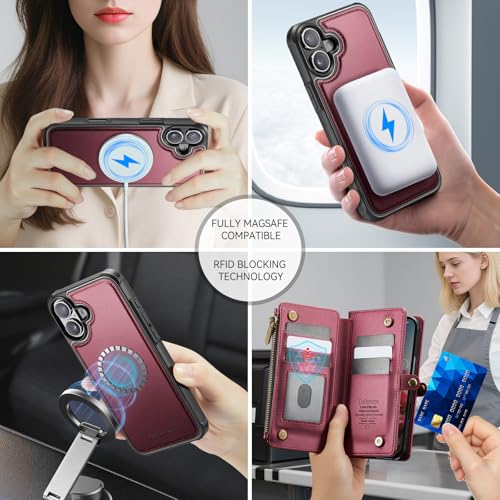 Defencase for iPhone 17 Phone Case Wallet Compatible with Magsafe, Wine Red | Magnetic Detachable, Drop-Proof Protective Wallet Cases Cover, with RFID Bolcking Card Holder, Zipper Strap, Soft PU Leather - color: (Detachable with Magsafe)-Wine Red