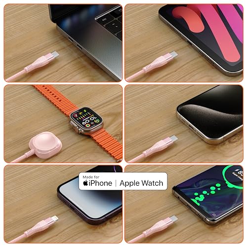 Apple Watch Charger 6FT Multi Charging Cable Travel Essential Nylon Braided - color: Rose/Pink