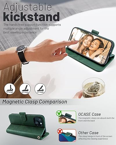 OCASE Compatible with iPhone 15 Wallet Case, PU Leather Flip Folio Case with Card Holders RFID Blocking Kickstand [Shockproof TPU Inner Shell] Phone Cover 6.1 Inch 2023, Blackish Green - color: Blackish Green