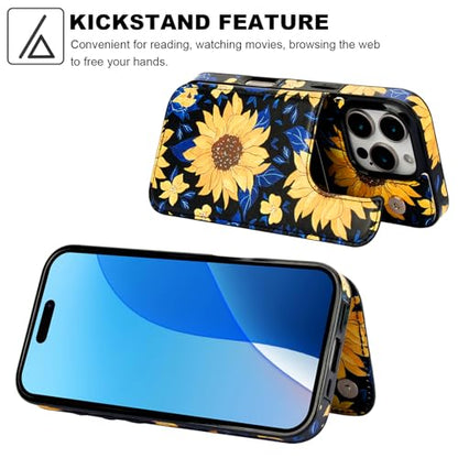 HAOPINSH for iPhone 16 Pro Wallet Case with Card Holder, Blooming Sunflowers Pattern Back Flip Folio PU Leather Kickstand Card Slots Case for Women Girls, Double Magnetic Clasp Shockproof Cover 6.3" - color: Blooming Sunflowers