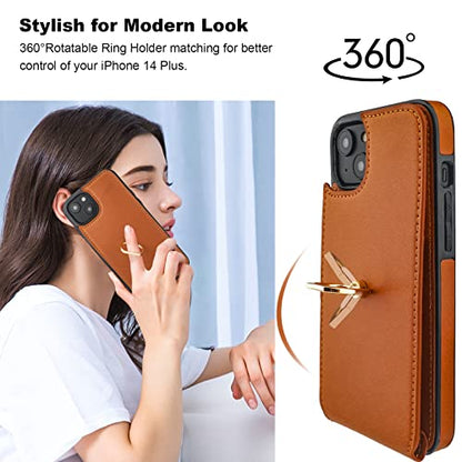 Folosu Compatible with iPhone 14 Plus Case Wallet with Card Holder, 360°Rotation Finger Ring Holder Kickstand, RFID Blocking Leather Protective Double Buttons Shockproof Cover 6.7 Inch Brown - color: Brown, size: iPhone 14 Plus