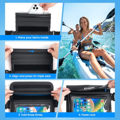 Rynapac 2 Pack Waterproof Fanny Pack, IPX8 Double Space Phone Pouch Dry Bag | Touch Screen, Waterproof Bags for Phone Passport Wallet Purse Women Men, Beach Cruise Swimming Kayaking Essentials - color: Black+Black