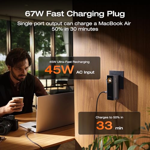 EF ECOFLOW RAPID Pro Power Bank with 67W Wall Plug, 10,000mAh 3-in-1 Portable Charger with Built-in USB-C Cable, 45W Fast Recharging, Travel Essentials for iPhone 17/16 Series, Galaxy, Laptops, and More - color: Gray Black
