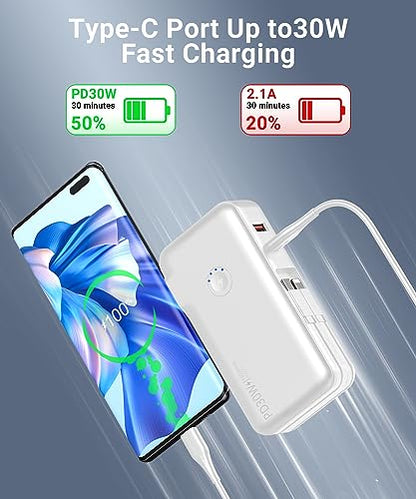 Portable Charger, Power Bank, 16000mAh Power Bank Built-in AC Wall Plug and Cables, PD 30W and QC4.0 Fast Charger for iPhone and Android Phones and Most Electronic Devices (White)