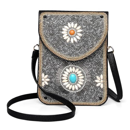 Small Crossbody Bags for Women, Cell Phone Shoulder Bag Boho Wallet Purse - color: Silver Gypsy