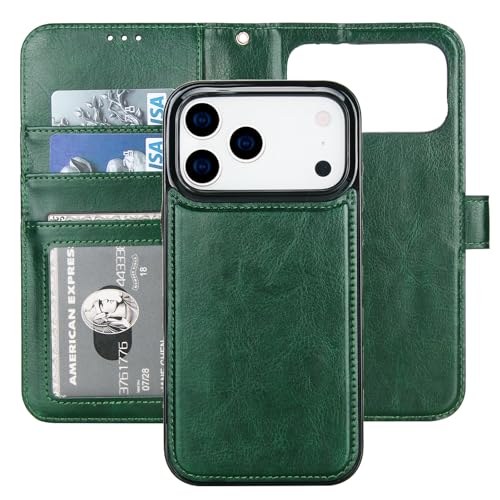 Bocasal Detachable Wallet Case Card Holder for iPhone 17 Pro Max Green | RFID Blocking Kickstand Card Slots Holder PU Leather Magnetic Shockproof Wrist Strap Removable Flip Protective Cover 6.9 inch - color: Green