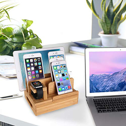 Bamboo Wood Multi-Device Desktop Charging Dock Station Charger Holder Cradle Charge Stand Compatible iPhone 16 15 14 13 Pro Max iPad Mini Pro Air Apple Watch Ulrta 10 9 8 7 6 5 4 3 2 iWatch Smartphone - color: Medium