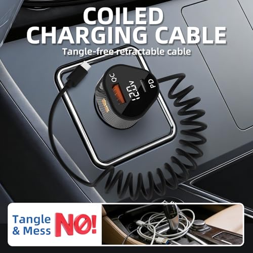 72W Car Charger for iPhone 17 16 15 Pro Max, 3 in 1 Car Charger USB C Fast Charge with Retractable Coiled Cable, Cigarette Lighter Adapter with Voltage Display for Samsung S25 S24 & Google Pixel