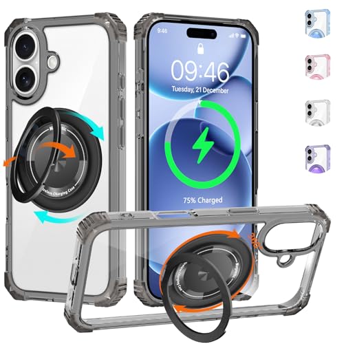 Clear Case for iPhone 17 Case with Stand Compatible with MagSafe | Military Grade Heavy Duty Cover with 360 Rotatable Ring Kickstand -260417 - color: Clear Black, size: iPhone 17