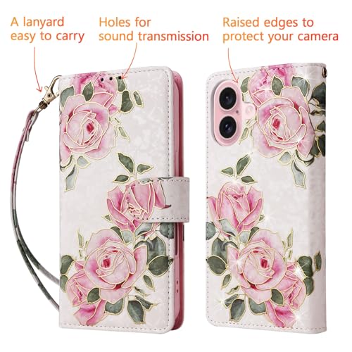 UEEBAI Wallet Case for iPhone 17, PU Leather Phone Cover Kickstand RFID Blocking Flip Case Card Slots Wrist Strap Relief Engraved Pattern Magnetic Closure Flower Folio Wallet, White Rose - color: White Rose, size: iPhone 17