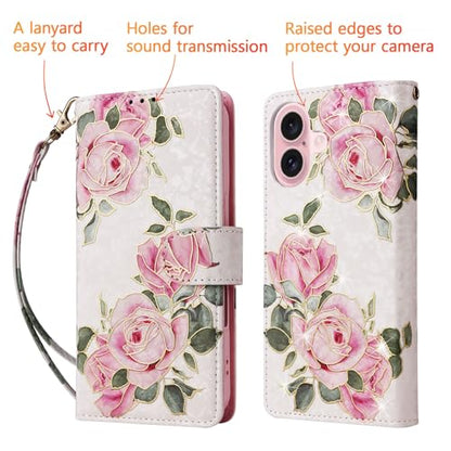 UEEBAI Wallet Case for iPhone 17, PU Leather Phone Cover Kickstand RFID Blocking Flip Case Card Slots Wrist Strap Relief Engraved Pattern Magnetic Closure Flower Folio Wallet, White Rose - color: White Rose, size: iPhone 17